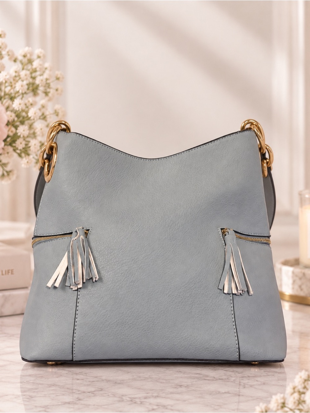 Jen & Co Light Blue Gray Hobo Shoulder Crossbody Bag Tassel NWOT